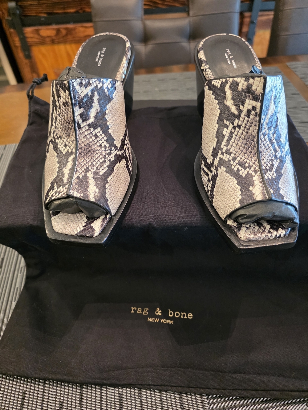 Rag & Bone Snake-Print Open-Toe Mules in Black and Taupe